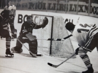 Václav Nedomanský takes a shot on goal for the USA, the goalie was successful this time. Second half of the 1960s