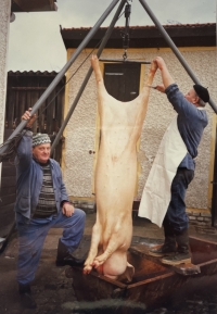 František Chlistovský během zabijačky, 90. léta 20. století