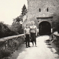 Jaroslav Ladýř with his mother, Zvíkov Castle, 1960s