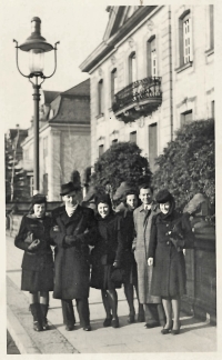 A walk of forced Czech women and men around the city, the witness third from the left, Bamberg, 1944