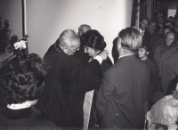 Consecration of Helena Salfická - from left: consecrating bishop Josef Pochop, František Voňka, Helena Salfická, co-consecrator Richter, Holice, 11.11.1973.