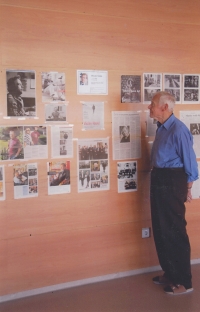 Bohumil Galásek. He prepared the exhibition on the anniversary of November 1989 at the Zlín grammar school, Zlín, 2014