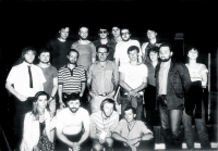 Secret meeting between FAMU students and director Miloš Forman (centre). Václav Marhoul is standing to the right of Miloš Forman, 1983