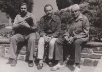 Roman Havránek (in the middle), on the left the chairman of the district council of Junák, on the right the chief of Junák Rudolf Plajner, Příbram, May 1981