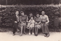 Family photo. Abram and Liudmyla Kobrynski (uncle and his wife); Adele in her mother's arms; Ms Barkovych; Isak Kobrynskyi. Lviv, Stryiskyi Park, late 1940s.
