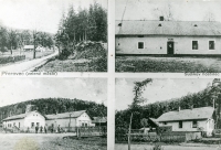 Pre-1940 postcard of Přerovec. The gamekeeper's lodge is top left, Šudík's inn is next to it, the Dluhošs and the Střileks are bottom left, and the gamekeeper's lis bottom right