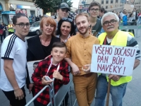 Václav Poláček (with banner) with Mikuláš Minář at the Million Moments for Democracy demonstration, ca. 2019