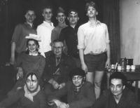 Václav Marhoul as Rychlonožka (top left) during writer Jaroslav Foglar's 80th birthday party (seated in the middle) organised by the Sklep Theatre, 1987