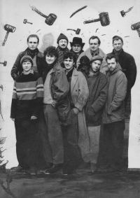 Tvrdohlaví art group; producer Václav Marhoul standing top right, 1989