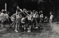 PE lesson in the first class with Mrs. Randakova. Sokolovna in Plzeň - Nová Hospoda in 1954