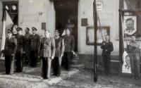 Commemoration event after the death of Klement Gottwald in front of the local national committee in Kateřinky, Liberec, March 1953