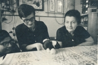 Ondřej Vaculík with his mother and brother Jan with guinea pigs, Holešovice, 1972