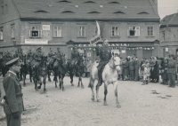 Josef Vozáb Sr. (on black horse in the first row in the middle) at a military parade of the Czechoslovak Eastern Army, probably in Žatec, 1945