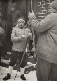 Ladislav Žák preparing his cross-country skis before his first cross-country race