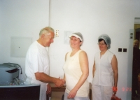 Arnošt Obrusník receiving congratulations from his female employees of the bakery in Dolní Benešov, around 2010