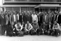 Ladislav Jaworek (second from the left in white sweater) with a tour of improvers and technical workers of the Karviná coke plant, Piešt'any, about 1979