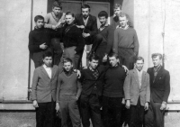 Ladislav Jaworek (bottom centre in checked sweater under jacket) with classmates from the locksmith apprenticeship, Opava, ca. 1962