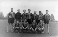 Ladislav Jaworek (right next to the goalkeeper) with a team of coke plant employees, Karviná, about 1967