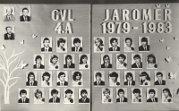 Class graduation photograph from the gymnasium in Jaroměř, Miloš Müller - second row from the bottom, third from the right, 1983