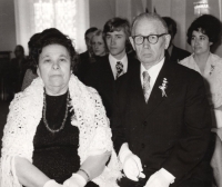 Parents Amálie and Evžen Novák at the second wedding of their daughter Miluska, 19 March 1977