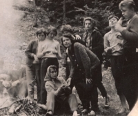 Olga Adamkova (seated), school trip, 1962