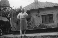 Wife Miluška Martínková in front of the house at Hálkova 23, Úvaly, circa 1969