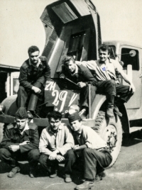 Antonín Najser, top right, on a Tatra T-111 army vehicle as a soldier in Záluží near Most between 1957-1969