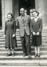 Winter school in 1955, from left: student Lexová, professor Němec and student Králová