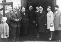 Parish Council in Slavkov. From the right: Alois Kostera - organist, Marie (née Pruskova), Father Antonín Najser as chairman of the parish committee, Mrs. Klementová, Father Bindač, Stanislav Gorčica, Mr. Galus, churchwarden Šnajdr and Mr. Bek. The photo was taken around 1968