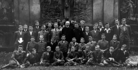 Broumov Gymnasium, students of the boarding school in the Broumov monastery, 1947. witness at the bottom left marked with an arrow