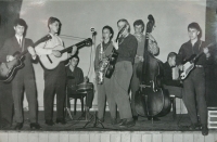 Memphis, the first rock band in Plzeň in 1963; from left: Zdeněk Raboch, Josef Vit, Jan Brouček, ?? Holý, Oldřich Říha (later Katapult), Jiří Kadlec, František Kubalík, Vojmír Frič