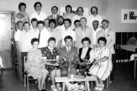 Karel Matuška, bottom centre, with colleagues from the socialist labour team in Armaturka Dolní Benešov