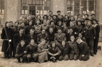 Photographs of apprentices from the apprenticeship centre in Horní Benešov, where Andělín Kvapil worked as a vocational training instructor. The witness is on the right above a woman in a white scarf, 1952