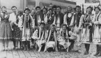 Russian ensemble at the celebration of May Day in Šumperk, Vlasta Bérešová second from right above, 1959