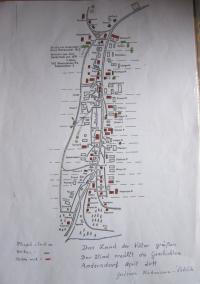 Map of Ondřejov before 1945 (buildings marked in red do not exist any more)