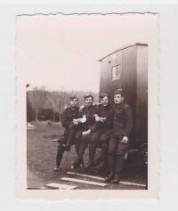 Soldiers with pigeon - after mobilization in september 1938 stayed bei family Demela in garden in Rožnov pod Radhoštěm to march 1939