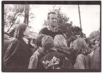 Son of Jiřina Juláková participated in protests against development at river Vltava - intention of Ekotransmoravia a.s. (Praha, April 1991, foto Dagmar Hochová )