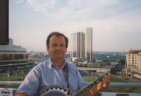 Pavel Douša with his banjo, Prague-Pankrác, 1995