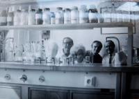 Alois Hovadík wearing glasses in the laboratory of the Research Institute of Vegetable Growing and Breeding in Olomouc, Holice